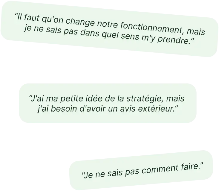 “Il faut qu'on change notre fonctionnement, mais je ne sais pas dans quel sens m'y prendre.” “J'ai ma petite idée de la stratégie, mais j'ai besoin d'avoir un avis extérieur.” "Je ne sais pas comment faire."